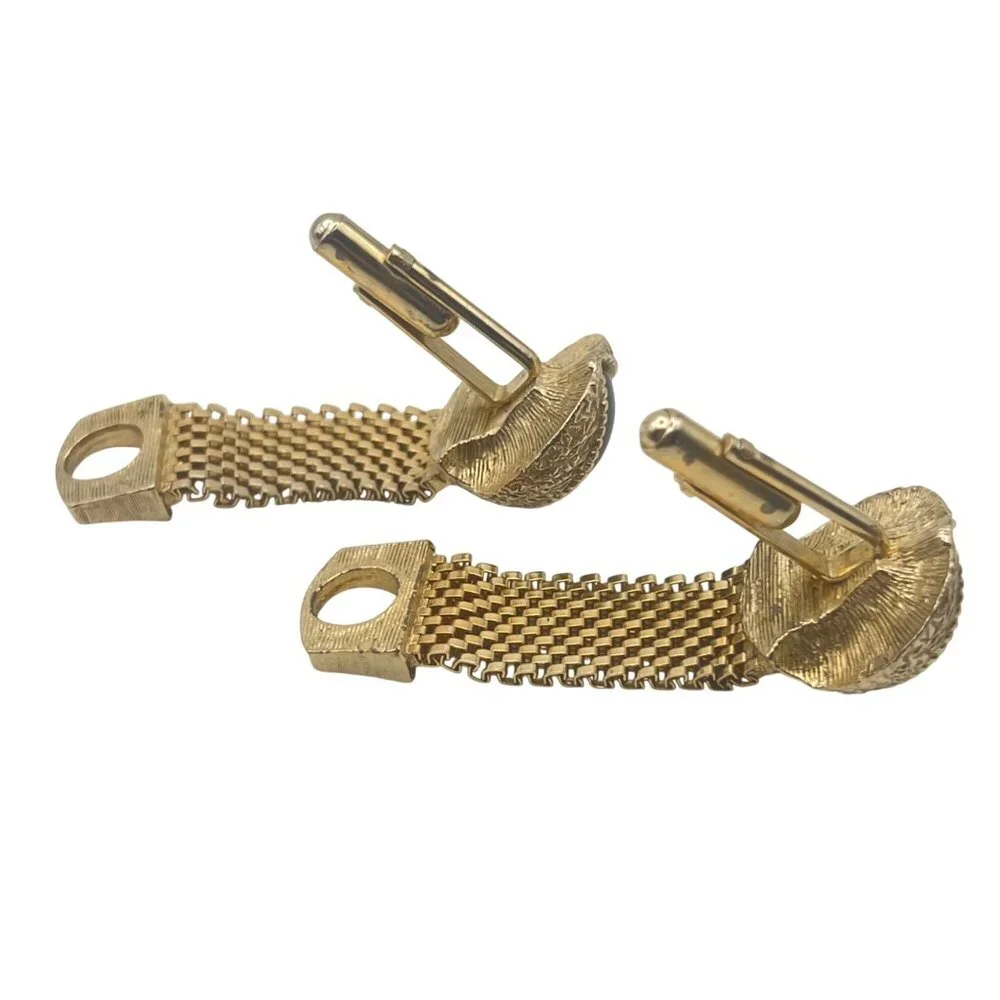 Vintage Swank Cufflinks Gold-Tone Mesh Wraparound Brown Cats Eye Stone MCM